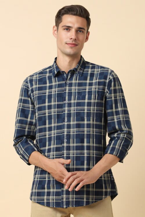 Men Blue Custom Fit Check Full Sleeves Casual Shirts