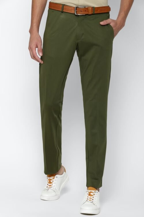 Men Olive Slim Fit Solid Casual Trousers